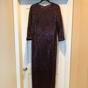 $505 NWT TERI JON Sequin Gown with Overlay Skirt.  Size 14, Plum color